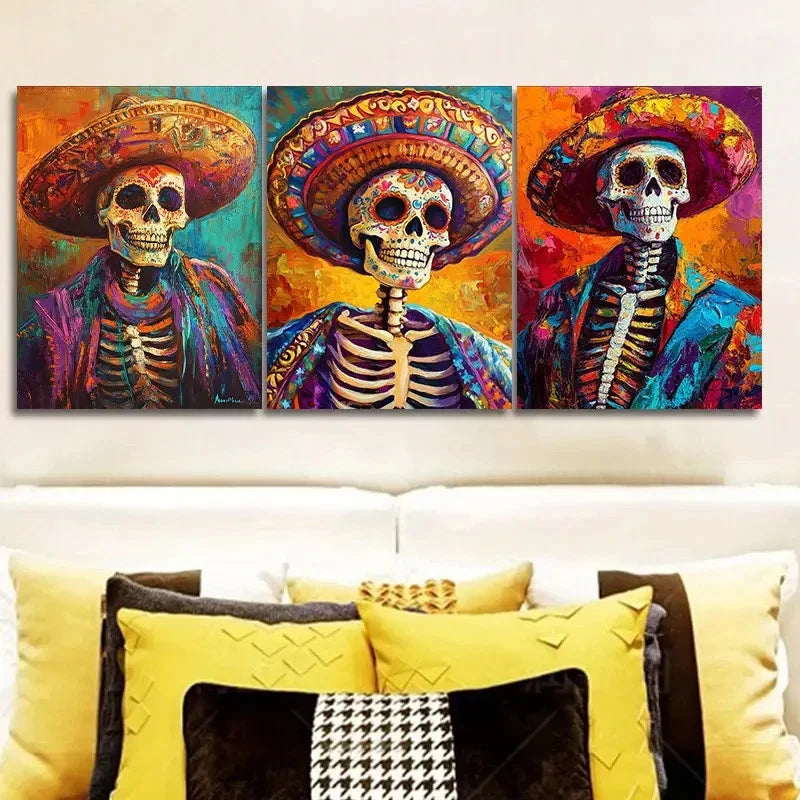 3pcs Mexican Sugar Skulls in Traditional Attire Metal Print Ready to Hang Art