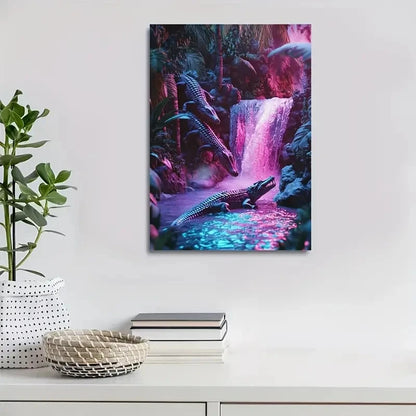 Vibrant Cyberpunk Crocodile Scene with Neon Painting 40x60cm Metal Print Ready to Hang