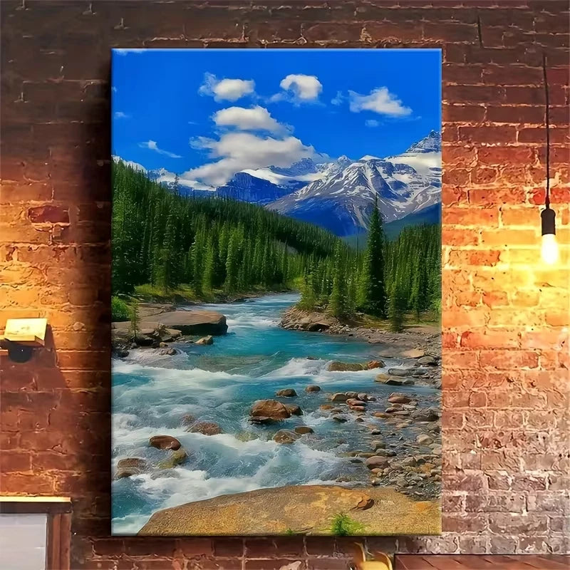 Mountain Stream Landscape & Blue Sky Metal Print Ready to Hang