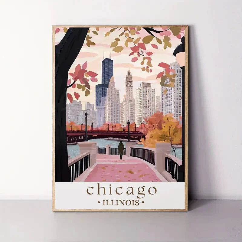 Chicago Illinois Skyline Autumn Cityscape Travel Poster Print Wall Art