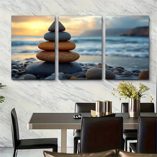 3pcs Zen Seascape Balanced Pebble PerfectWall Art Set Canvas Framed 60x90cm - High Quality Print 100% Australian Made Wall Canvas Ready to Hang