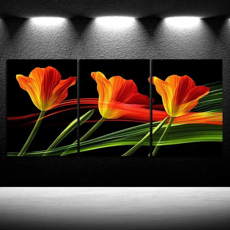 3pcs Colorful Golden Flowers Green Red Metal Print Ready to Hang Art