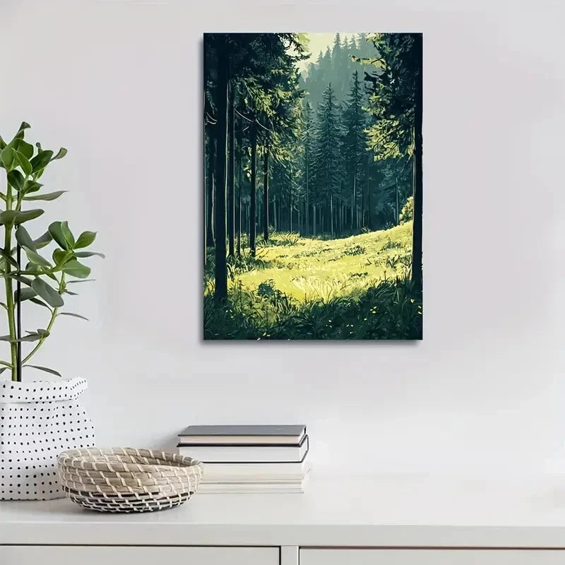 Vibrant Green Landscape with Sunlit Trees Painting  40x60cm Metal Print Ready to Hang