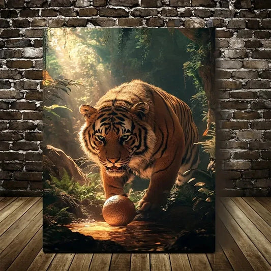Tiger Playing with Ball in Mystical Jungle Painting 40x60cm Metal Print Ready to Hang