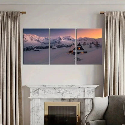 3pcs Snow Scene Cabin & Snow Mountain Landscape Wall Art Set Canvas Framed 40x60cm - High Quality Print 100% Australian Made Wall Canvas Ready to Hang