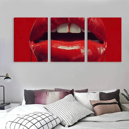 3pcs Vibrant Red Lips Glossy Liquid Drip   Wall Art Set Canvas Framed 60x90cm - High Quality Print 100% Australian Made Wall Canvas Ready to Hang