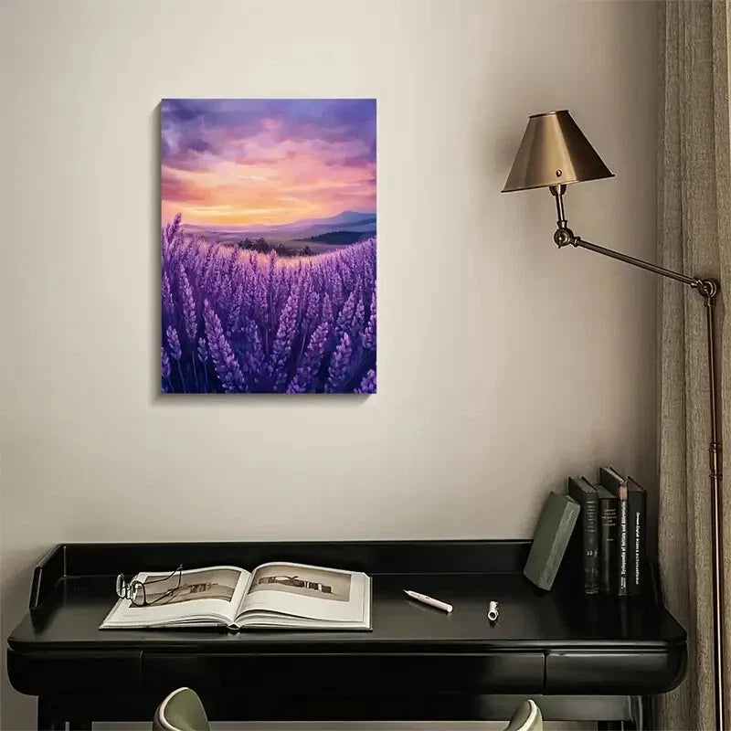 Vibrant Sunset Landscape with Purple Flowers Painting 40x60cm Metal Print Ready to Hang