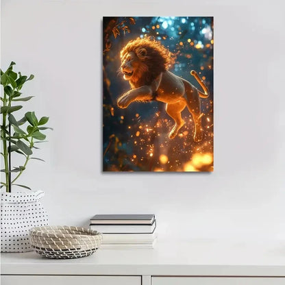Cyberpunk Lion in Magical Forest Painting 40x60cm Metal Print Ready to Hang