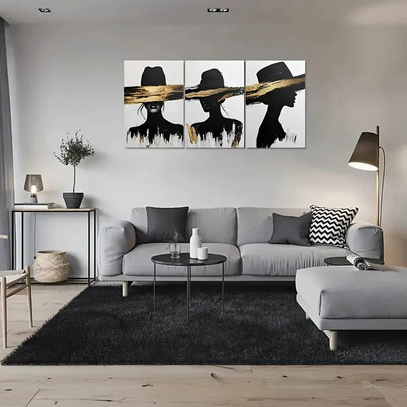 3pcs Black White and Golden Silhouette Metal Print Ready to Hang Art