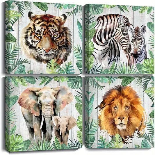 4pcs Tiger, Lion, Elephant & Zebra  Wall Art Canvas Framed