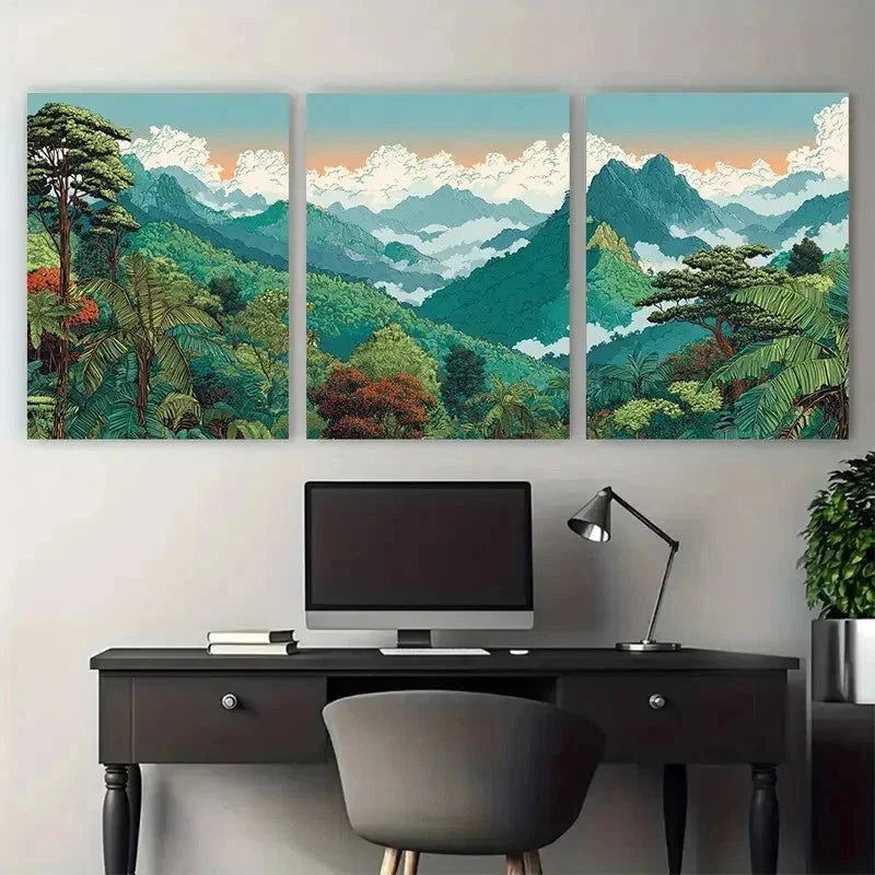 3pcs Khao Thailand Illustrated Jungle Perfect Wall Art Set Canvas Framed 60x90cm - High Quality Print 100% Australian Made Wall Canvas Ready to Hang