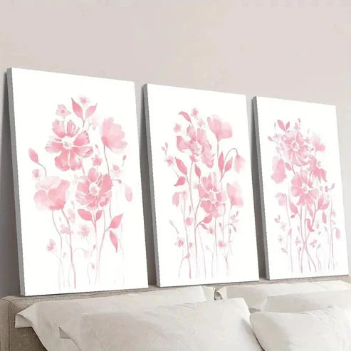 3pcs Small Fresh Light Pink Flowers  Wall Art Set Canvas Unframed - High Quality Print 100% Australian Made Wall Canvas