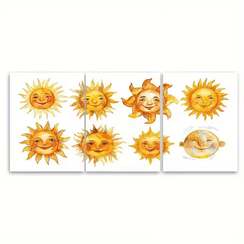 3pcs Smiling Sun Watercolor Illustrations Wall Art Canvas Framed 50x70cm - High Quality Print 100% Australian Made Wall Canvas Ready to Hang