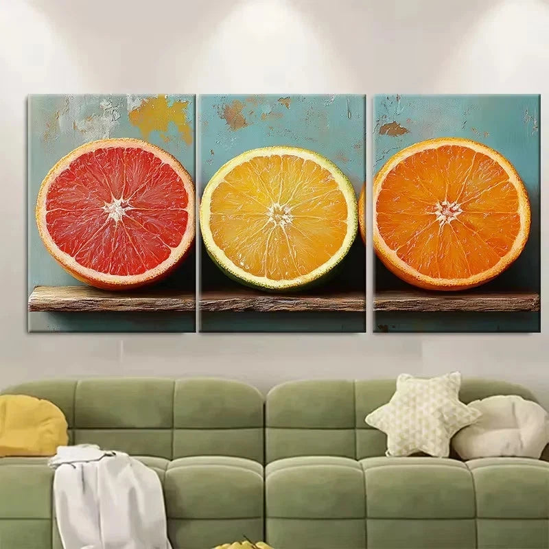 3pcs Vibrant Orange Teal Fruit Wall Art Set Canvas Framed 60x90cm – High Quality Print 100% Australian Made Wall Canvas Ready to Hang