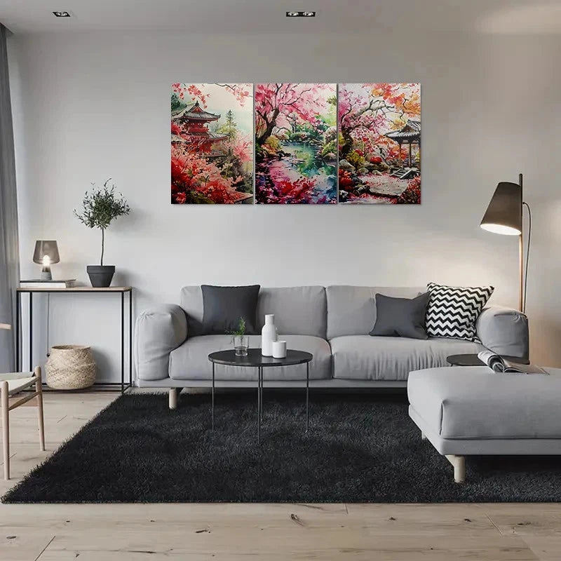 3pcs Cherry Blossom Garden Modern Nature Metal Print Ready to Hang Art
