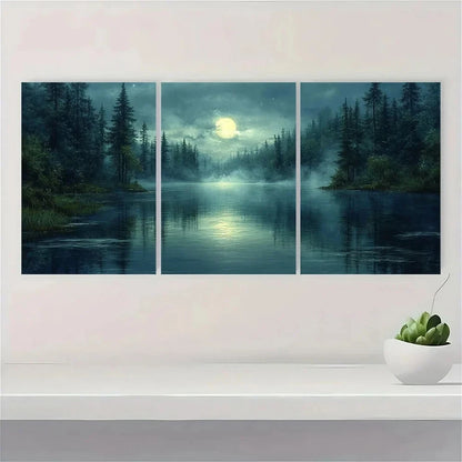 3pcs Moonlit Forest Misty Pine Trees & River Wall Art Set Canvas Framed 60x90cm - High Quality Print 100% Australian Made Wall Canvas Ready to Hang