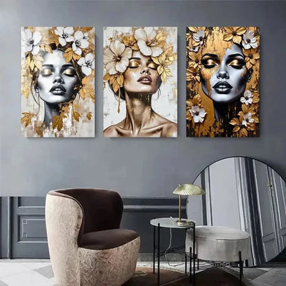 3pcs Golden And White Accent Women Décor Perfect Wall Art Set Canvas Unframed - High Quality Print 100% Australian Made Wall Canvas