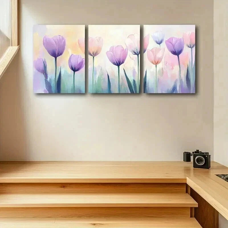3pcs Vibrant Pink & Purple Tulips Decoration Wall Art Set Canvas Framed 40x60cm - High Quality Print 100% Australian Made Wall Canvas Ready to Hang