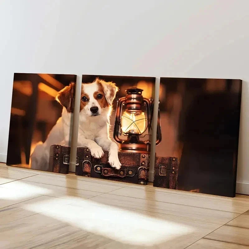 3pcs Puppy Lying On Suitcase & Kerosene Lamp Wall Art Set Canvas Framed 40x60cm - High Quality Print 100% Australian Made Wall Canvas Ready to Hang