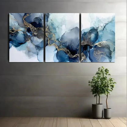 3pcs Abstract Blue and White Golden Leaf Metal Print Ready to Hang Art