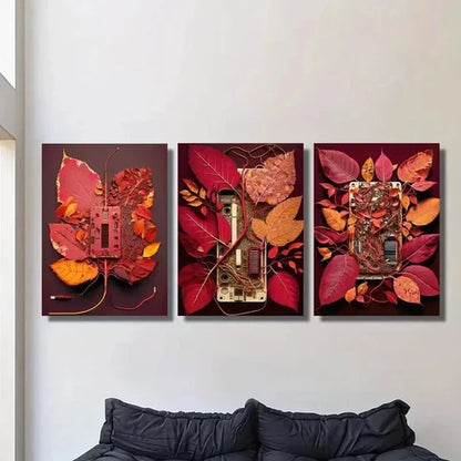3pcs Red Circuit Board with Leaves Wall Art Canvas Unframed - High Quality Print 100% Australian Made Wall Canvas