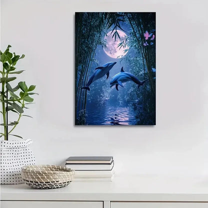 Dolphins Playing in Bamboo Grove Painting 40x60cm Metal Print Ready to Hang