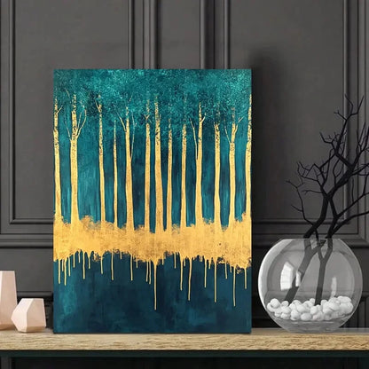 Abstract Forest With Golden Leaf Dripping on a Teal  40x60cm Metal Print Ready to Hang