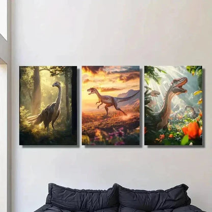 3pcs Feathered Dinosaurs in Forest Illustrations Wall Art Canvas Unframed - High Quality Print 100% Australian Made Wall Canvas