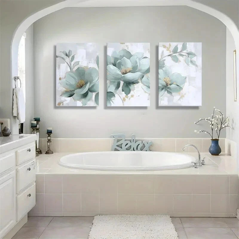 3pcs Green & White Flowers with Golden Accents Metal Print Ready to Hang Art