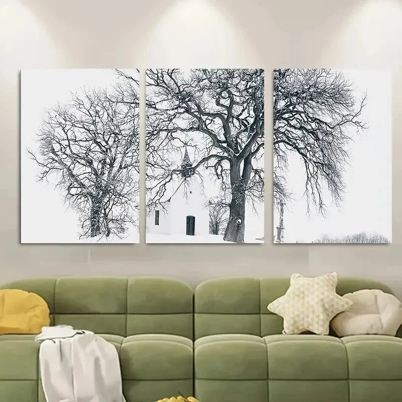 3pcs - Snowy Forest Scene with Bare Trees Metal Print Ready to Hang Art