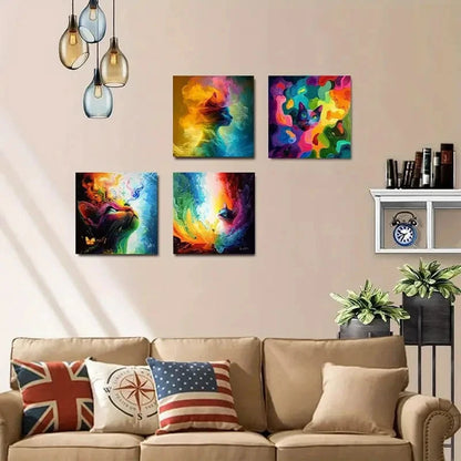 4pcs Feline Paintings with Dynamic Swirling Wall Art Canvas Framed