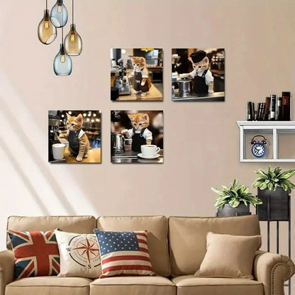 4pcs Charming Cat Barista Coffee Wall Art Canvas Framed