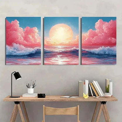 3pcs Ocean Waves Sunset & Pink Clouds Wall Art Set Canvas Framed 40x60cm - High Quality Print 100% Australian Made Wall Canvas Ready to Hang