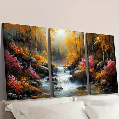3pcs Autumn Forest Waterfall & Misty Mountains Wall Art Set Canvas Framed 50x70cm - High Quality Print 100% Australian Made Wall Canvas Ready to Hang