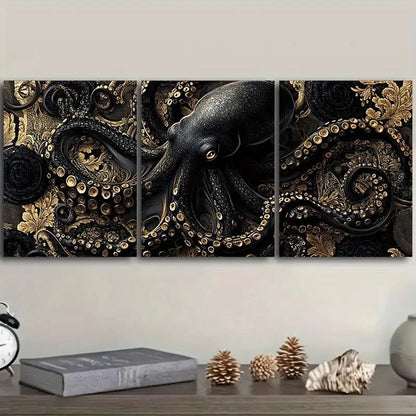 3pcs An Ornate Black And Gold Octopus Painting Wall Art Set Canvas Framed 50x70cm - High Quality Print 100% Australian Made Wall Canvas Ready to Hang
