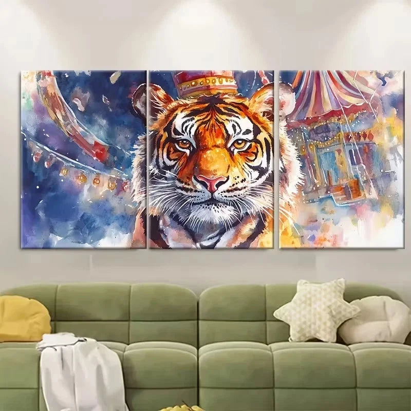 3pcs Tiger Mascot at Carnival, Watercolor Wall Art Set Canvas Framed 50x70cm - High Quality Print 100% Australian Made Wall Canvas Ready to Hang