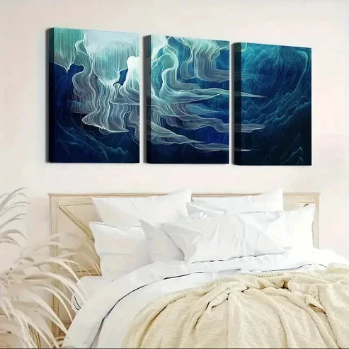 3pcs Abstract Blue & White Ocean Wave Art Set Canvas Unframed - High Quality Print 100% Australian Made Wall Canvas