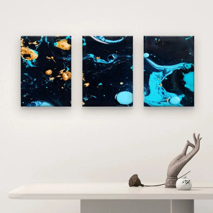 3pcs Cosmic Blue and Gold Fluid Abstract Marble Wall Art Set Canvas Framed 40x60cm - High Quality Print 100% Australian Made Wall Canvas Ready to Hang