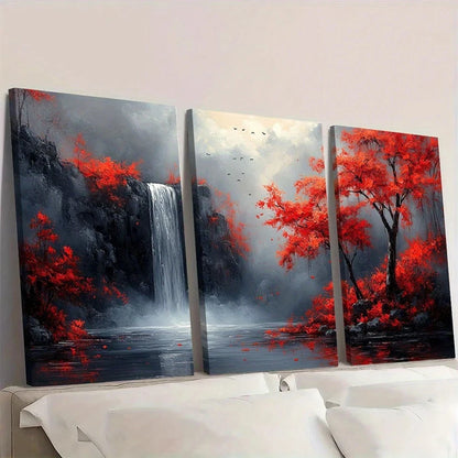Three-panel wall art depicting a waterfall and red trees on a gray background.