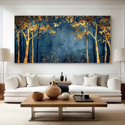 Golden & Dark Blue Autumn Tree Wall Art Canvas Office Home Room Framed 120x60cm