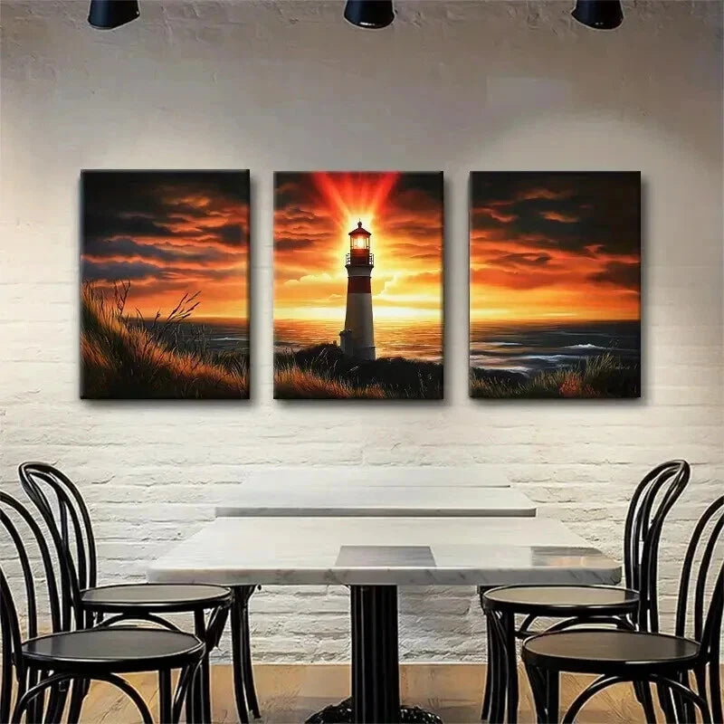 3pcs Lighthouse Warm Sunset Glow Ocean Perfect Wall Art Set Canvas Framed 40x60cm - High Quality Print 100% Australian Made Wall Canvas Ready to Hang