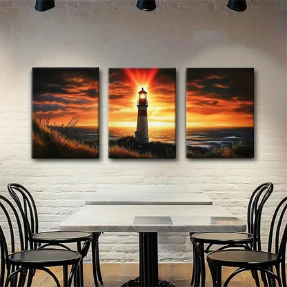 3pcs Lighthouse Warm Sunset Glow Ocean Perfect Wall Art Set Canvas Framed 40x60cm - High Quality Print 100% Australian Made Wall Canvas Ready to Hang
