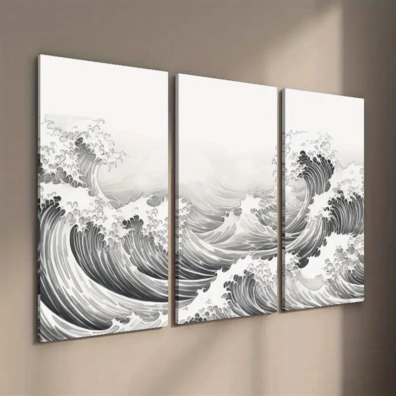 3pcs Black and White Japanese Ocean Wave Wall Art Set Canvas Framed 40x60cm - High Quality Print 100% Australian Made Wall Canvas Ready to Hang