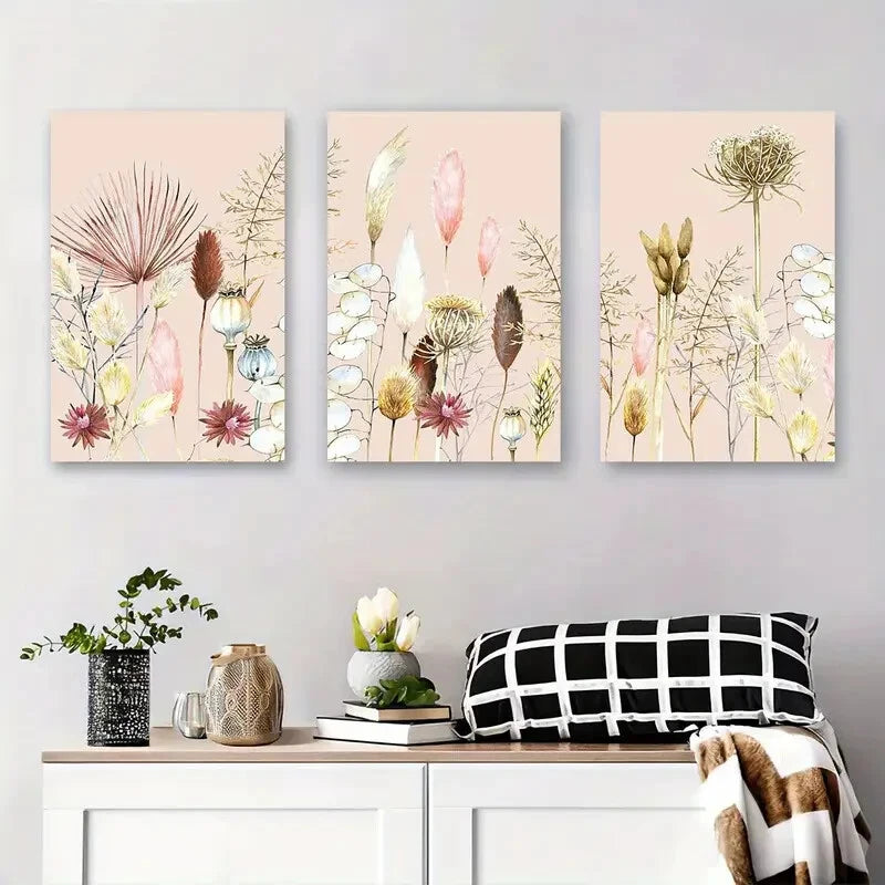 3pcs Soft Pink Floral Abstract Flower and Grass Metal Print Ready to Hang Art