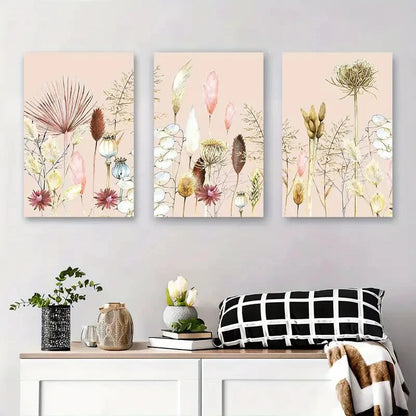 3pcs Soft Pink Floral Abstract Flower and Grass Metal Print Ready to Hang Art