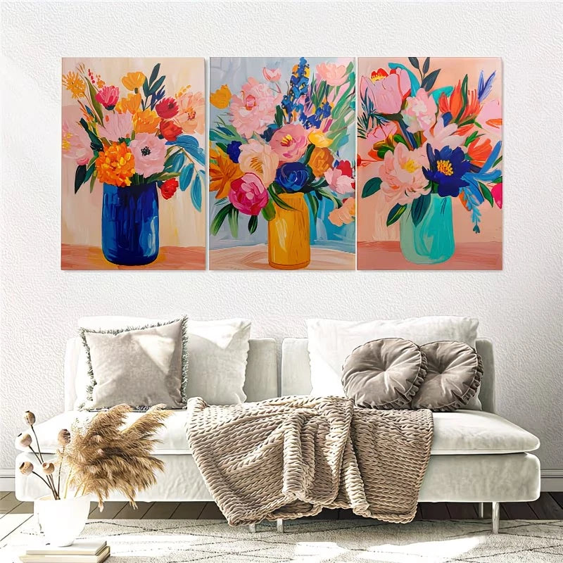 3pcs Three Vintage Floral Canvas Paintings Wall Art Set Canvas Framed 50x70cm – High Quality Print, 100% Australian Made Wall Canvas, Ready to Hang