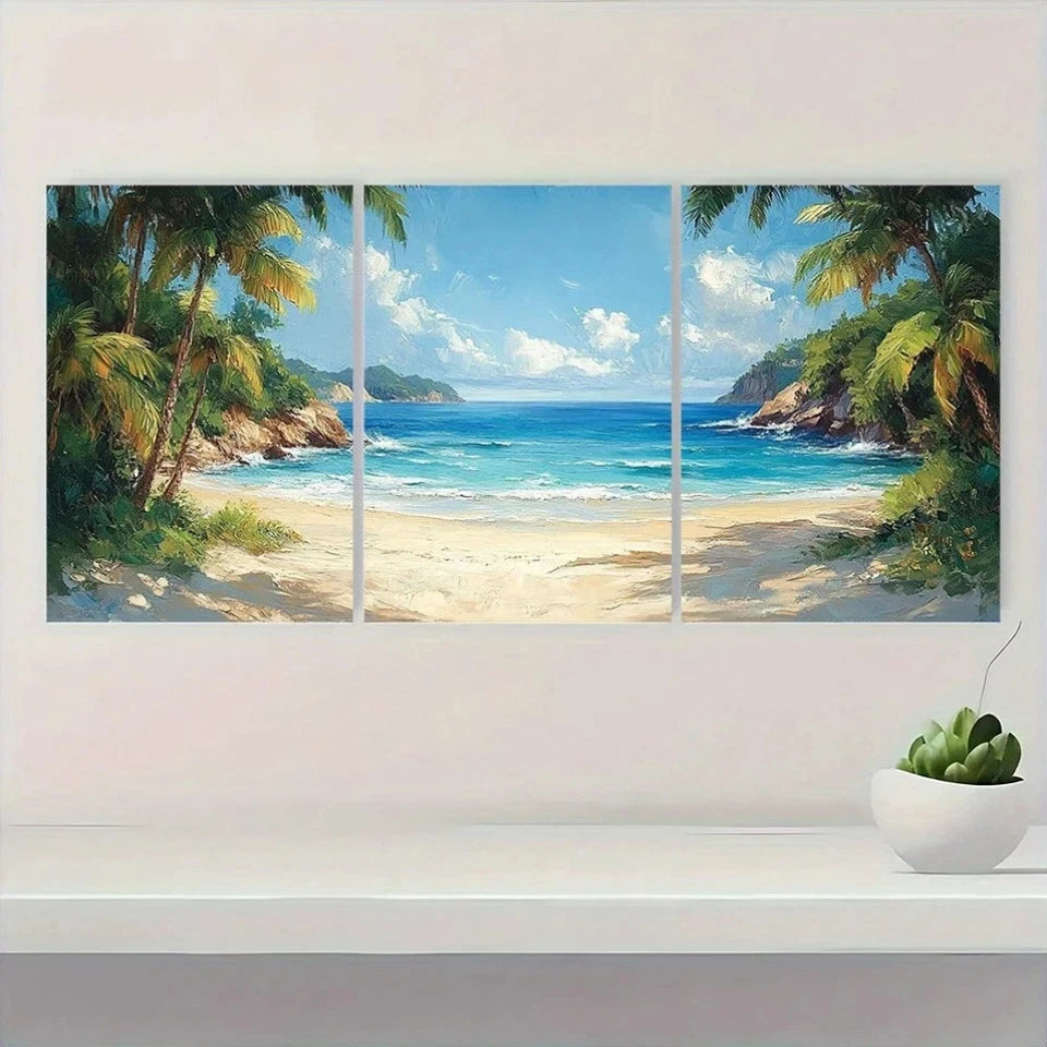 3pcs Tropical Sandy Beach View Greenery Scene Wall Art Set Canvas Framed 60x90cm - High Quality Print 100% Australian Made Wall Canvas Ready to Hang