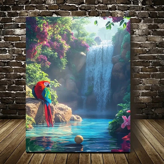 Parrot Playing with Ball Near Crystal Painting 40x60cm Metal Print Ready to Hang