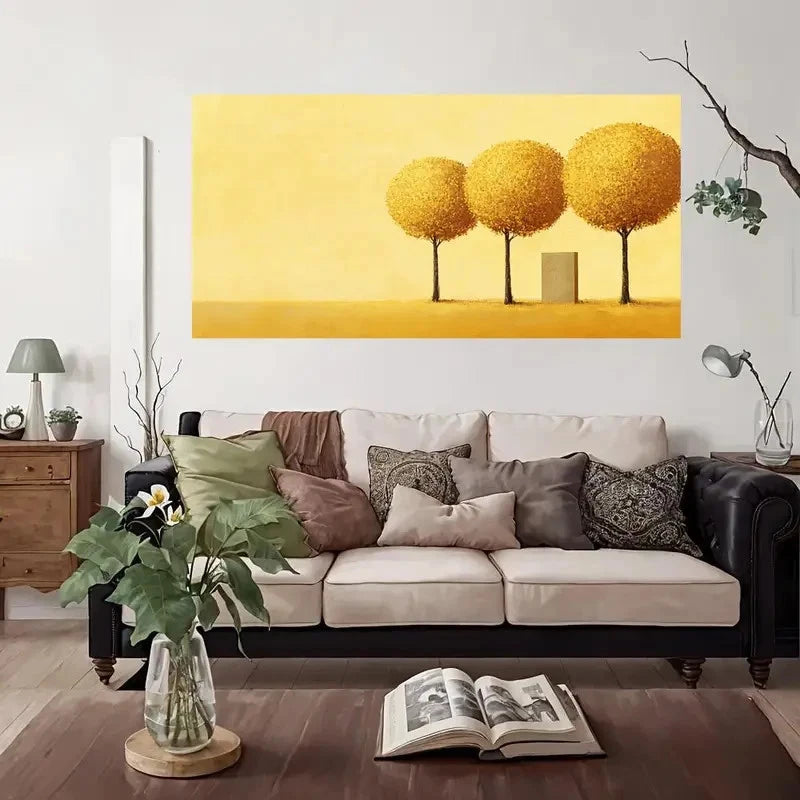 Golden Trees Minimalist Wall Art Canvas Office Home Room Framed 120x60cm