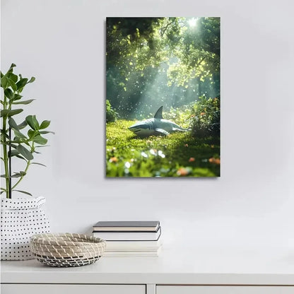 Shark in Lush Meadow with Sunbeams & Trees Painting 40x60cm Metal Print Ready to Hang